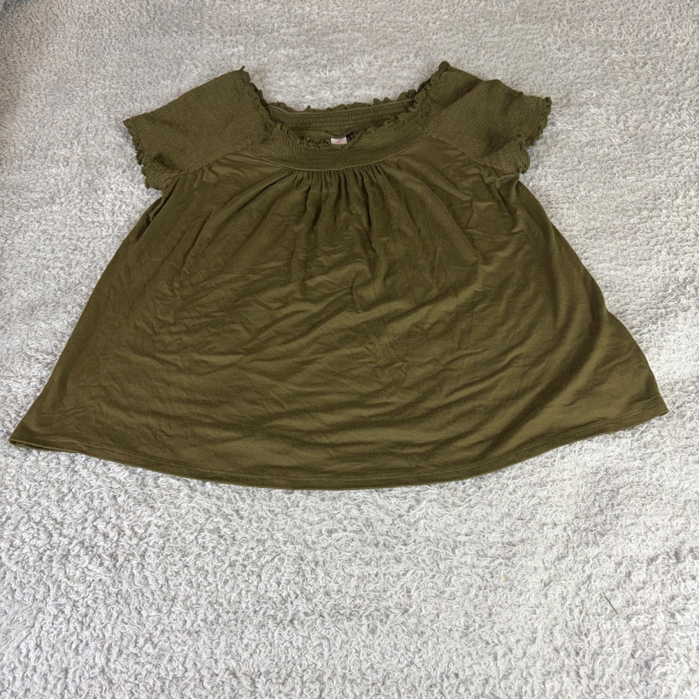 No Boundaries Olive Green Smocked Peasant Top Babydoll Blouse XL 15-17